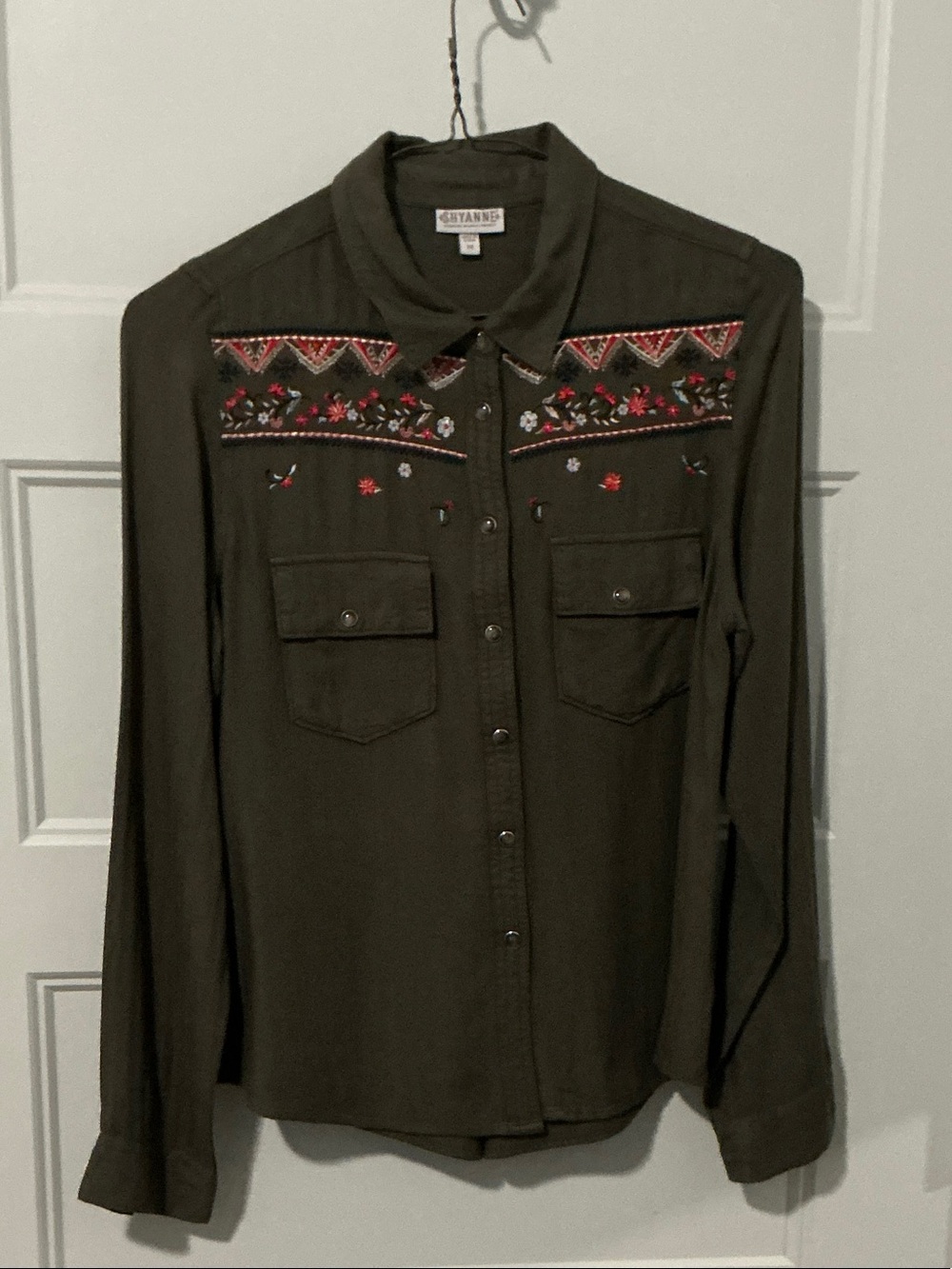 Embroidered Olive Button-Up Shirt